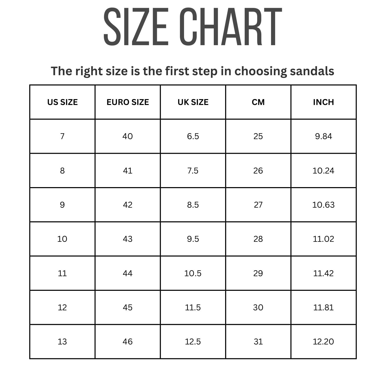 Project Cloud Dean Sandals Size Chart: US, Euro, UK, CM, and Inch measurements for accurate sizing of men's sandals