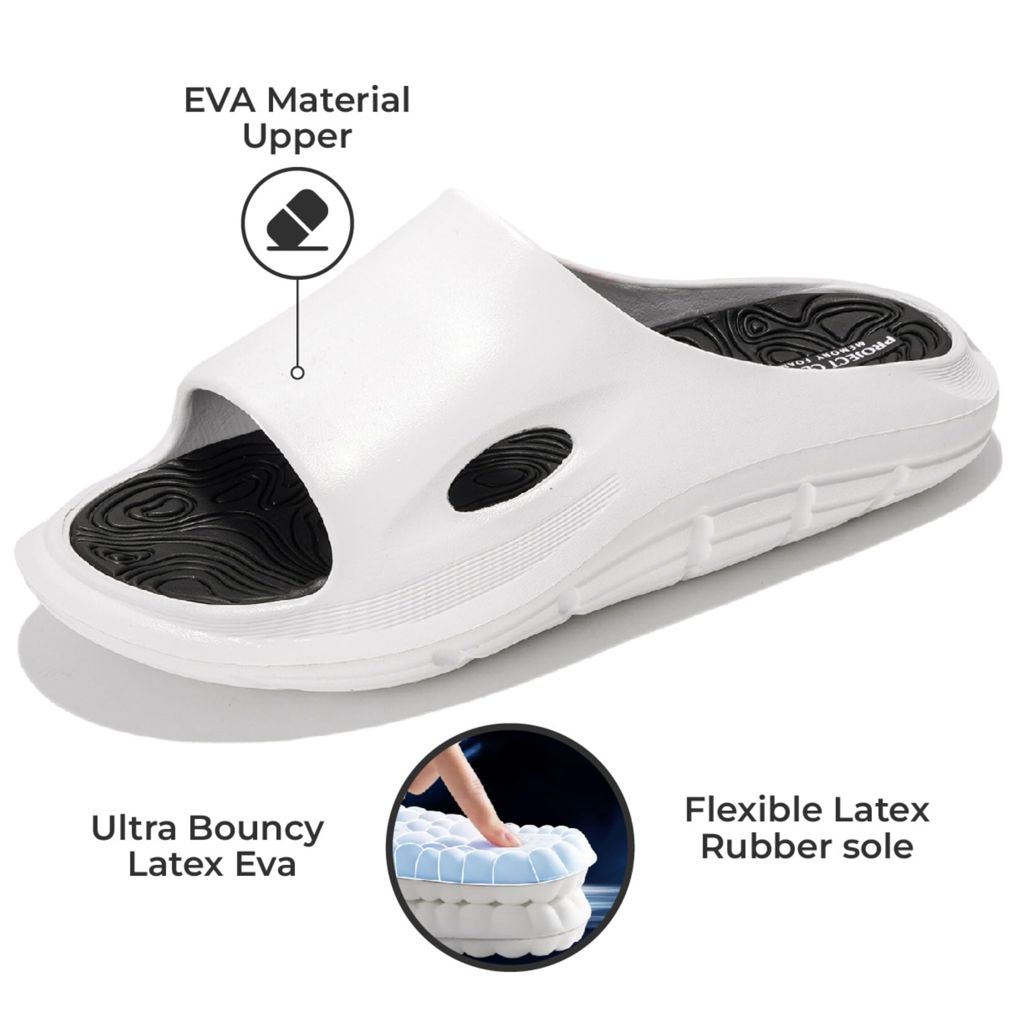 Project Cloud Dean white sandals: EVA upper, latex EVA, flexible rubber sole for comfort.