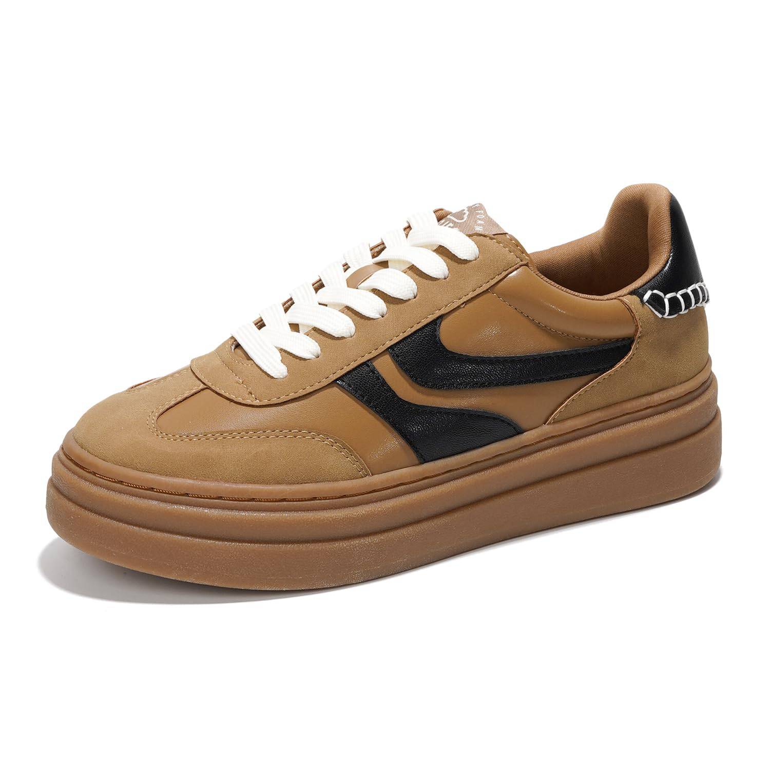 Project Cloud Dodge platform sneakers in brown with black accent, white laces, and brown sole. Memory foam, vegan leather.