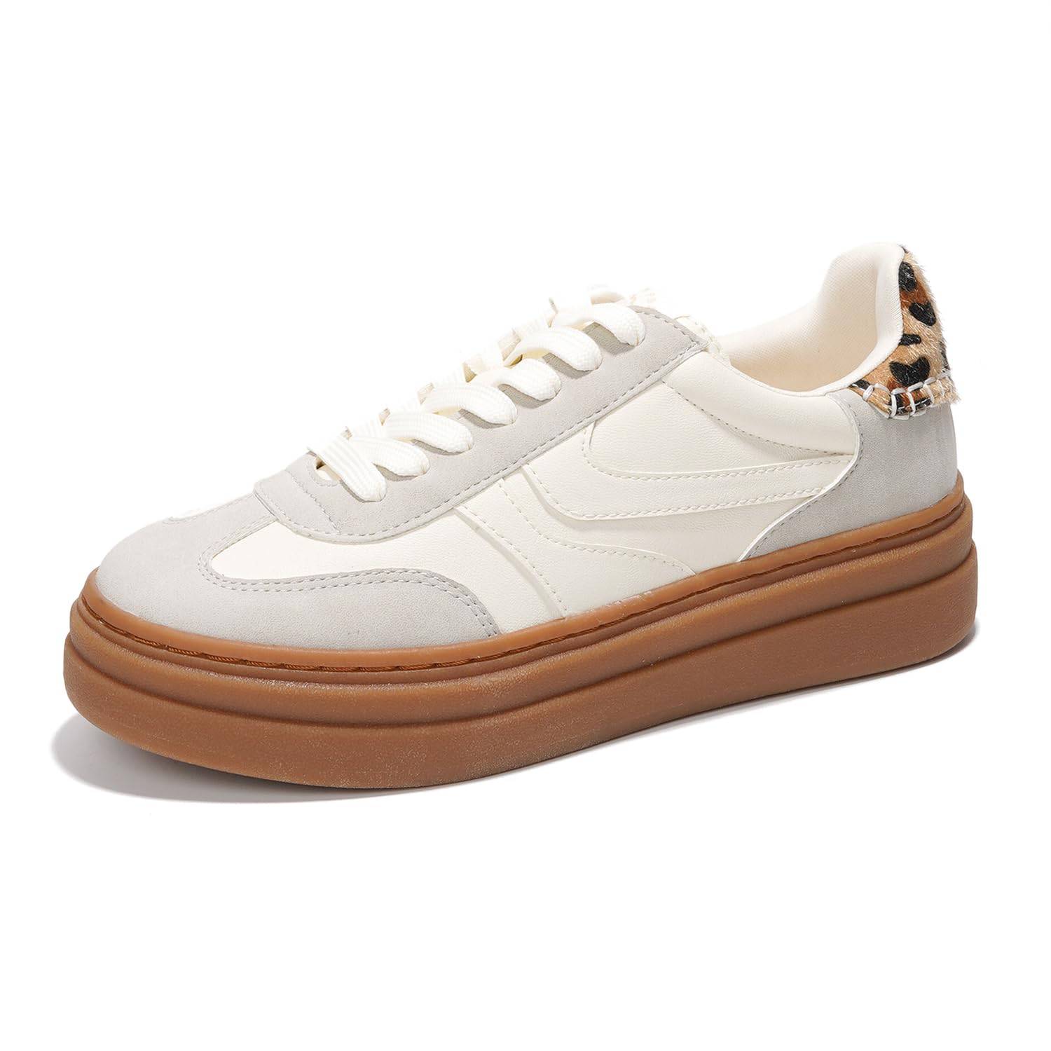 Project Cloud Dodge Platform Sneakers, women's white sneaker with gray suede accents, leopard print detail, and brown sole.