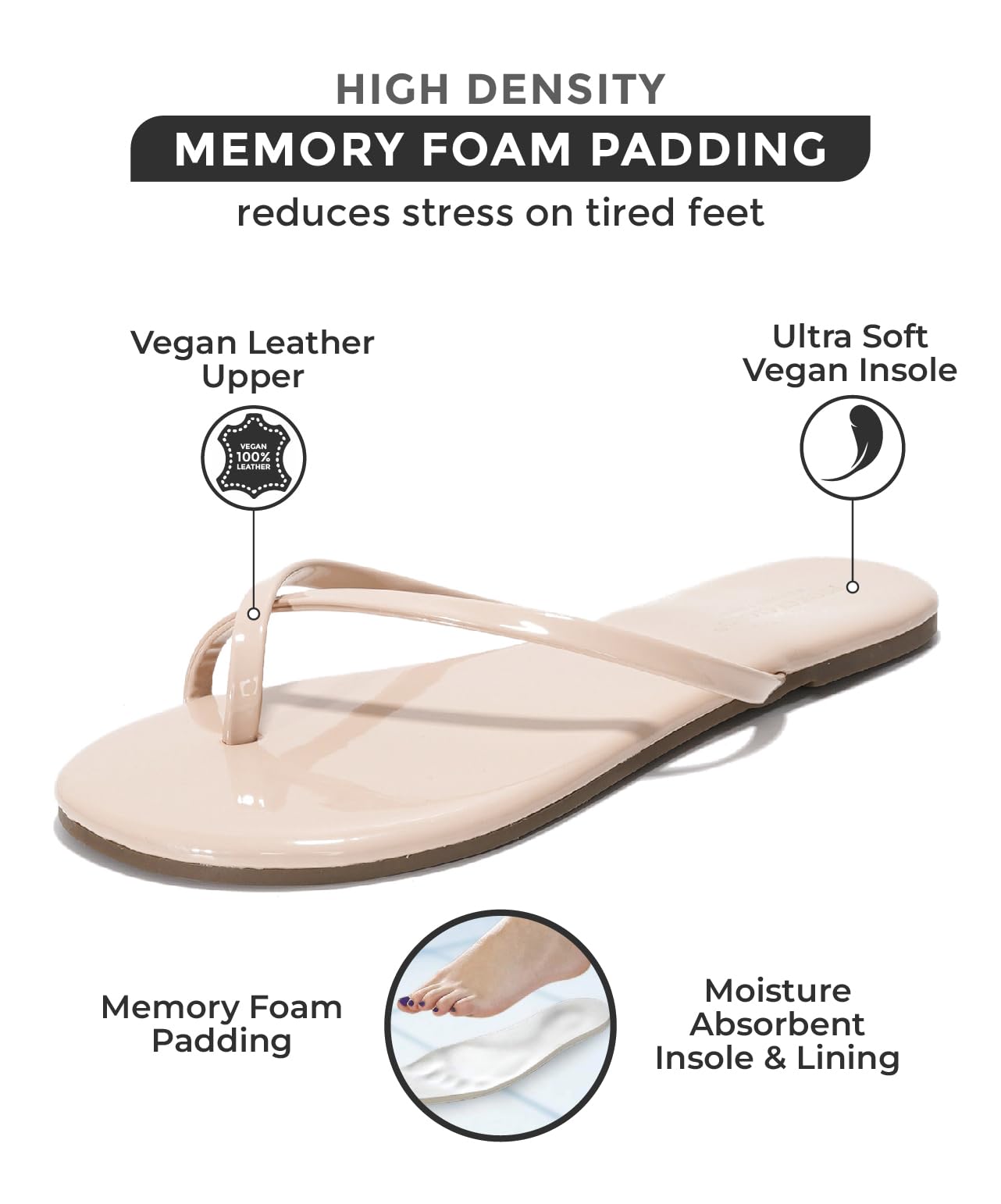 Project Cloud Beige Flip Flops: Vegan leather, memory foam, moisture-absorbent, and non-slip.
