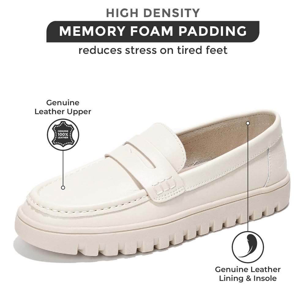 Project Cloud Women's Loafers with Memory Foam. Ivory white genuine leather upper and lining, non-slip sole, all-day comfort.