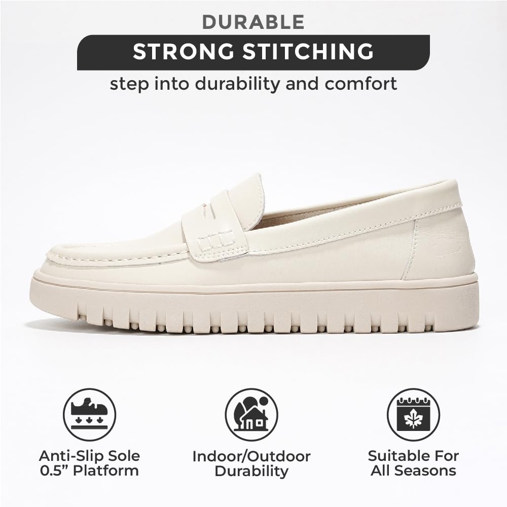 Project Cloud Women's leather loafers featuring strong stitching, non-slip platform, and all-season durability.