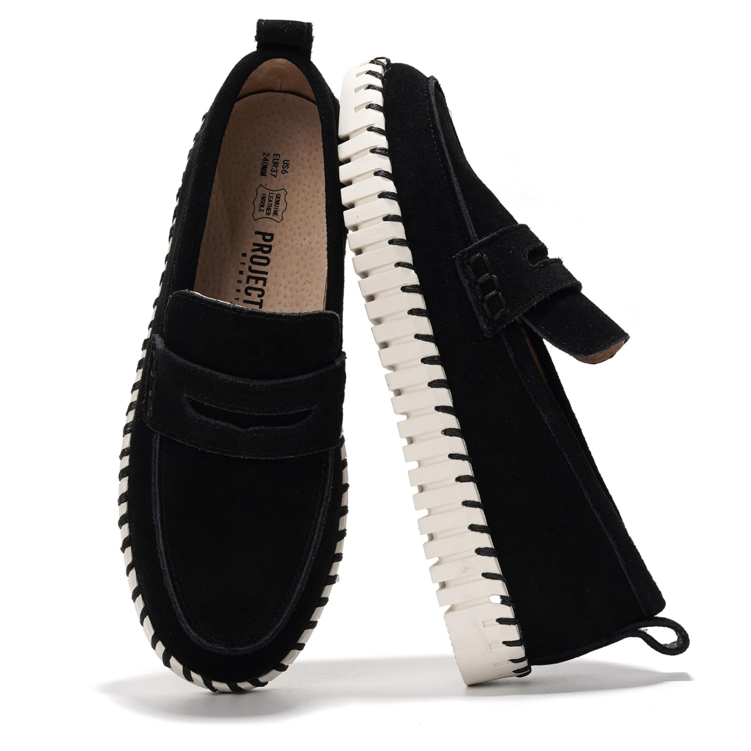 Project Cloud Black Filide Leather Loafers for Women with Memory Foam Insole and Non-Slip Sole