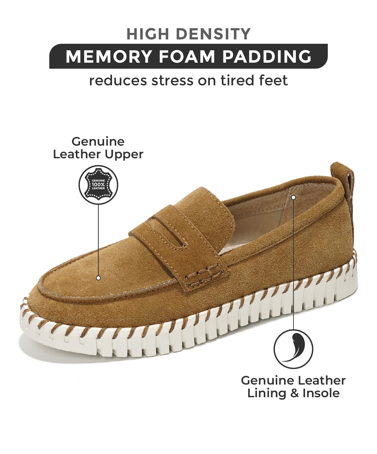 Filide women's tan leather loafers with memory foam, non-slip sole, and leather lining for comfort.