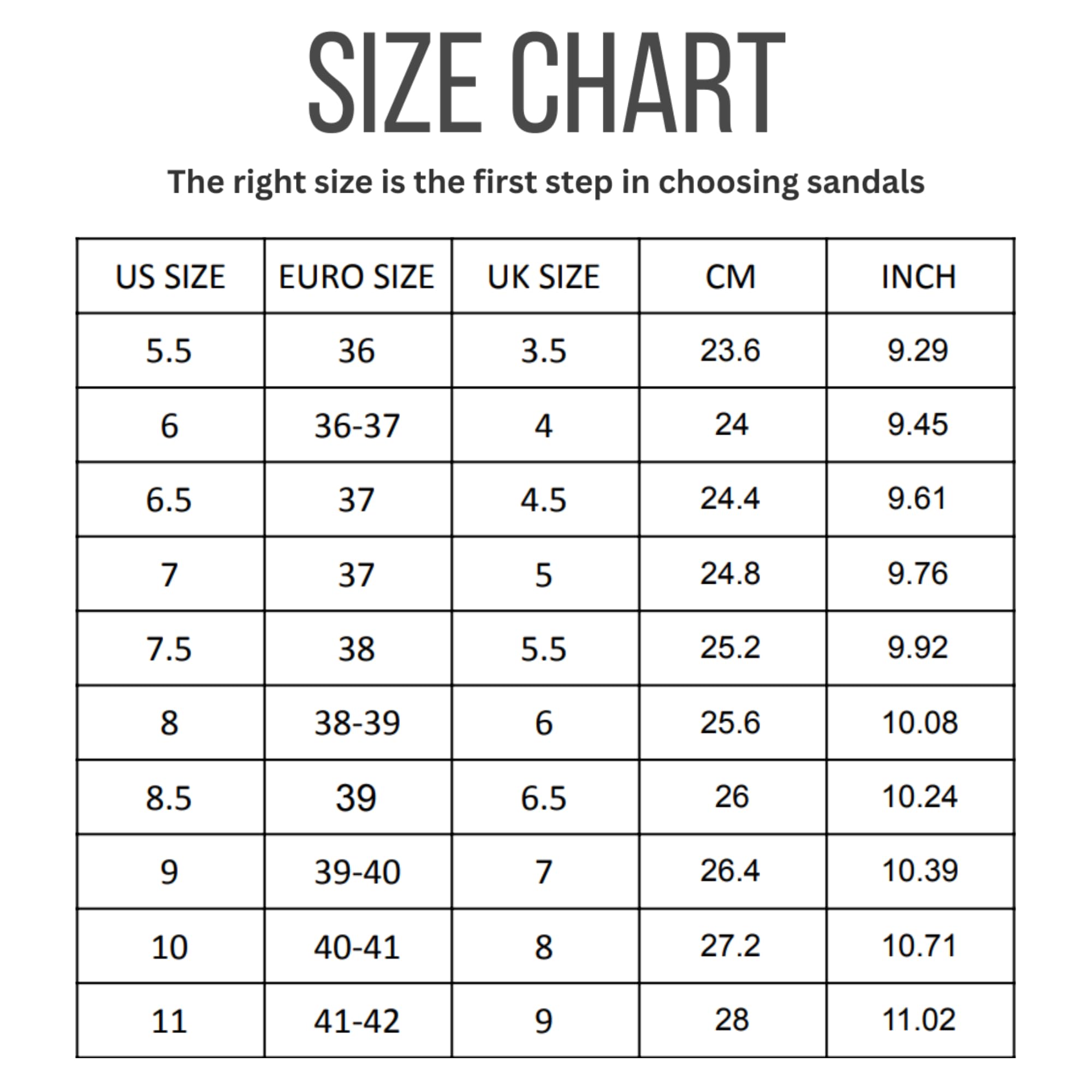 Filide women's shoe size chart: US, Euro, UK, CM, Inch sizes for leather shoes and loafers.