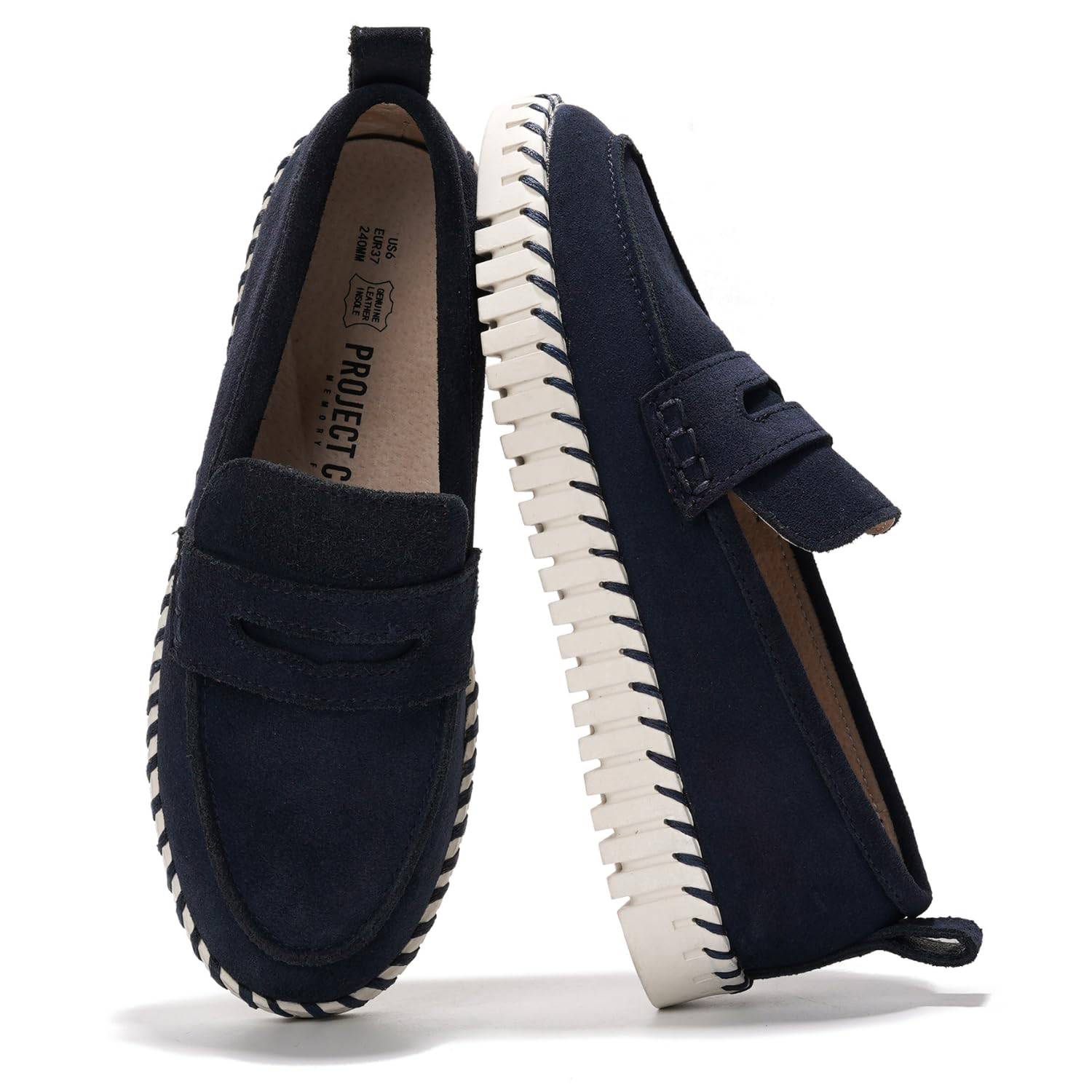 Project Cloud Filide navy suede loafers for women, featuring memory foam insole and non-slip sole.