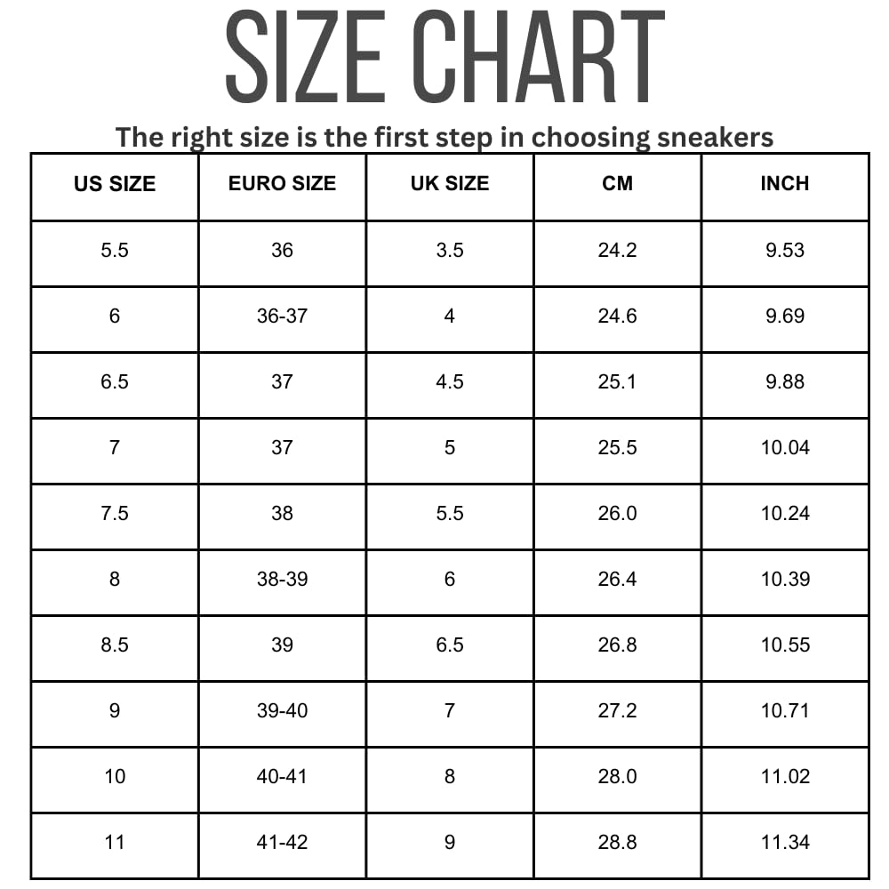 Project Cloud Clogs Size Chart: US, Euro, UK, CM, and Inch sizes for women.
