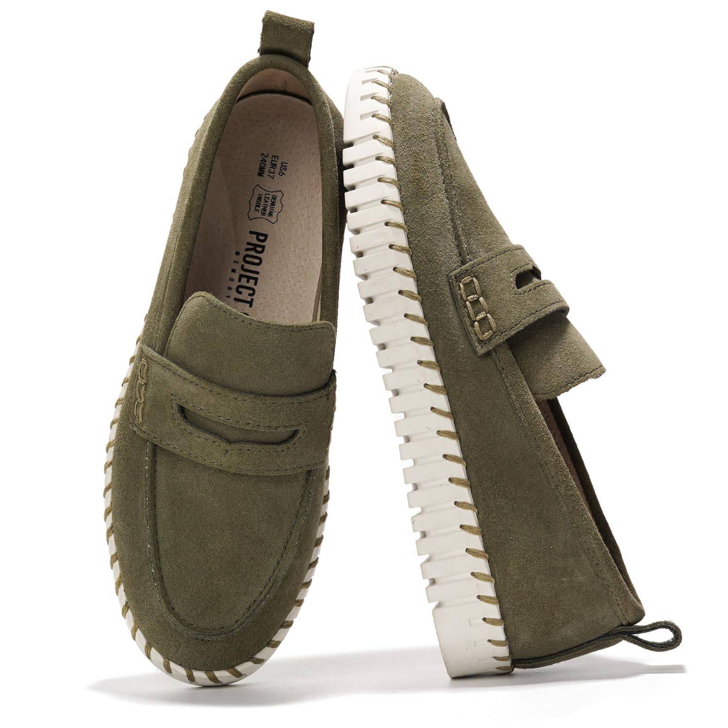 Project Cloud Green Suede Loafers for Women - Genuine Leather, Memory Foam Insole