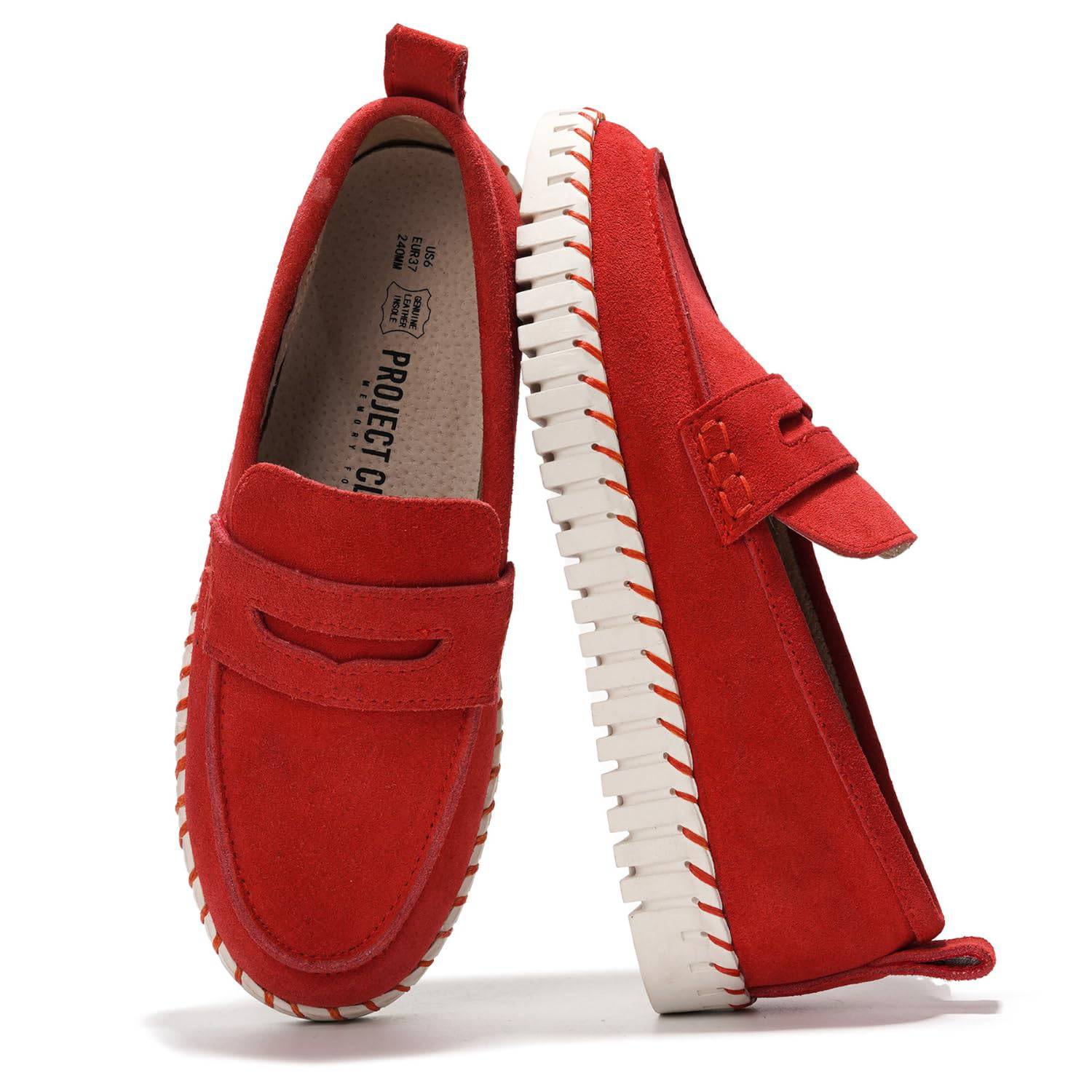 Red Filide Leather Loafers for Women. Featuring memory foam insole, non-slip sole for all-day comfort.