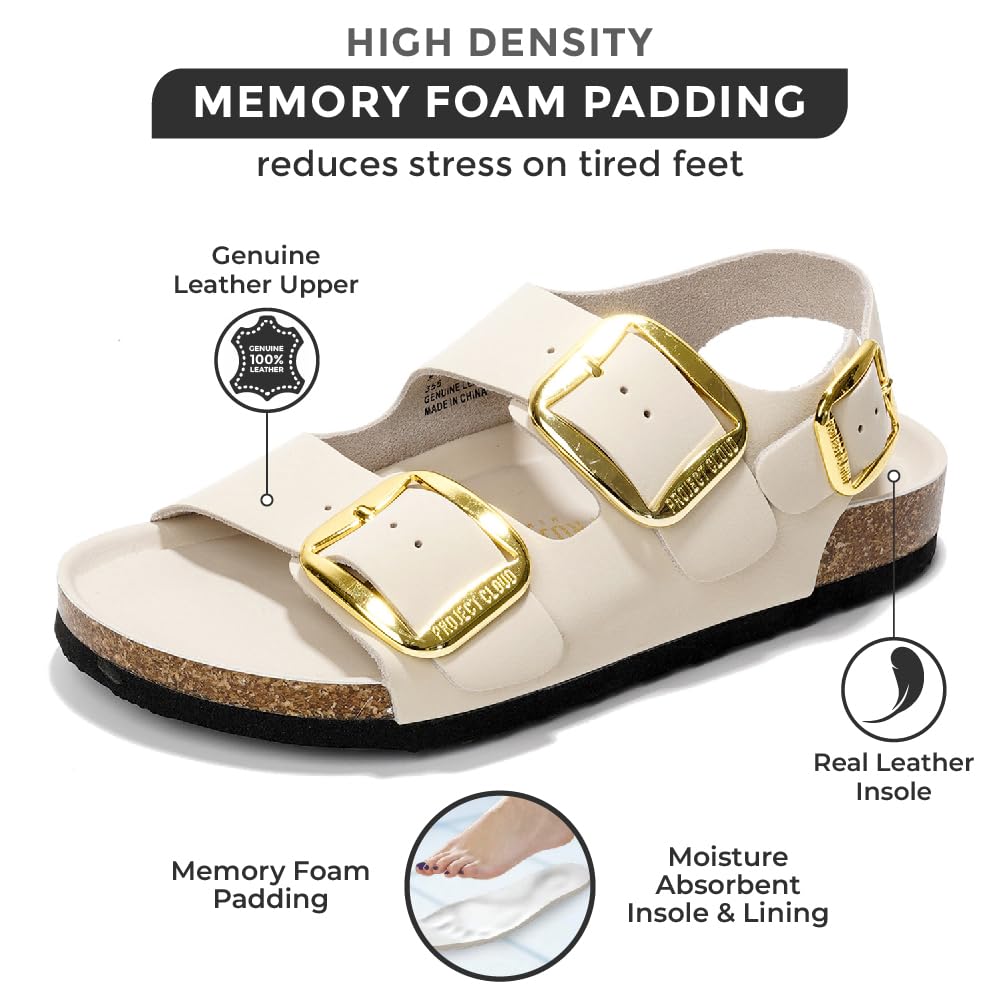 Project Cloud Garda Beige Leather Sandals with Memory Foam - Genuine Leather, Gold Buckles, Comfortable Summer Footwear