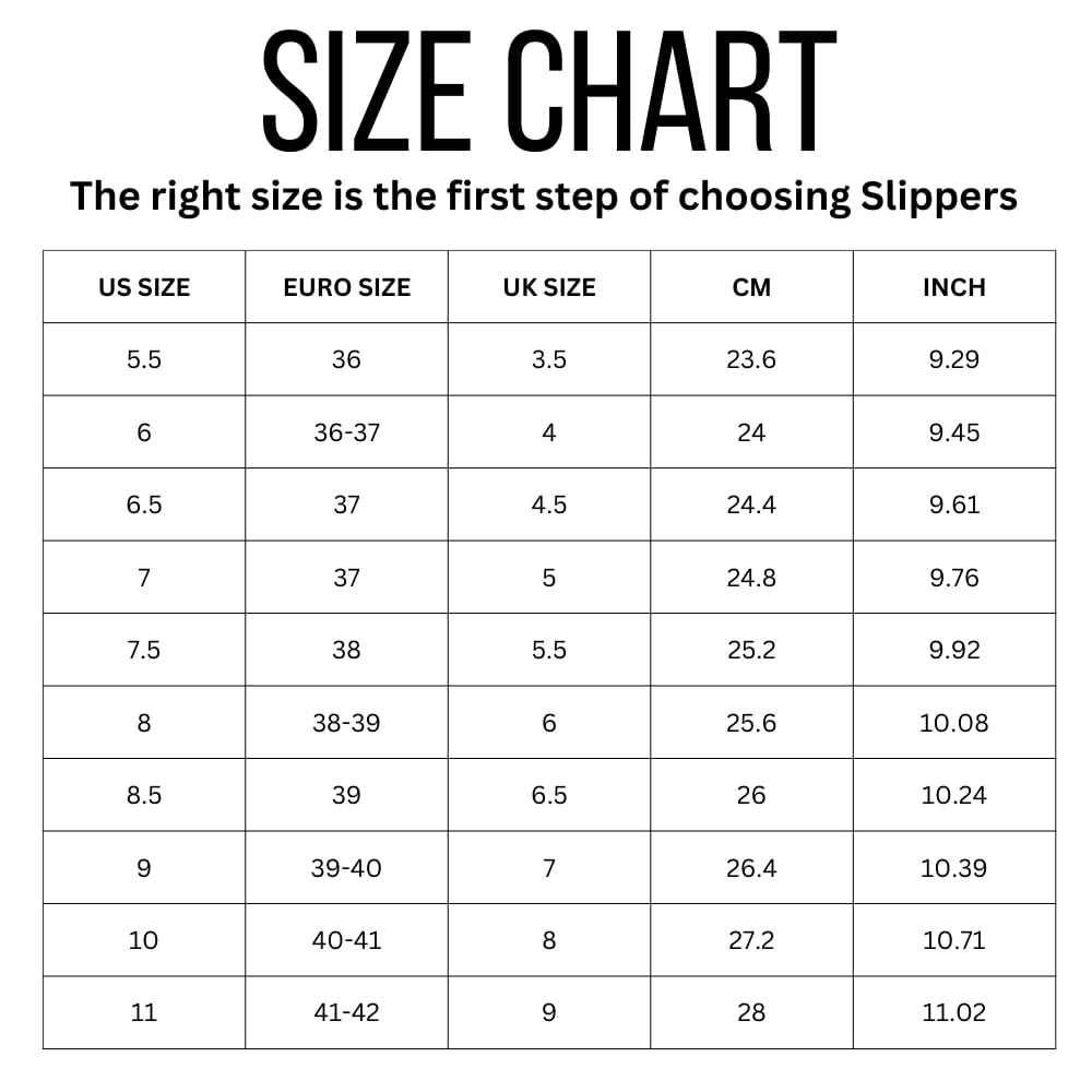 Project Cloud Slipper Size Chart: US, Euro, UK, CM, and Inch sizes for Women's Slippers.