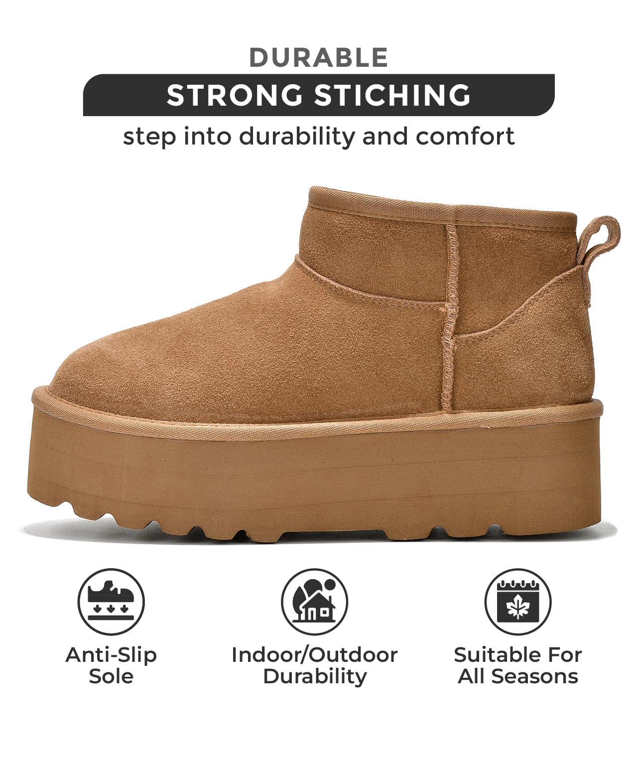 Huggy brown suede ankle boots: platform, durable design, anti-slip, all seasons.