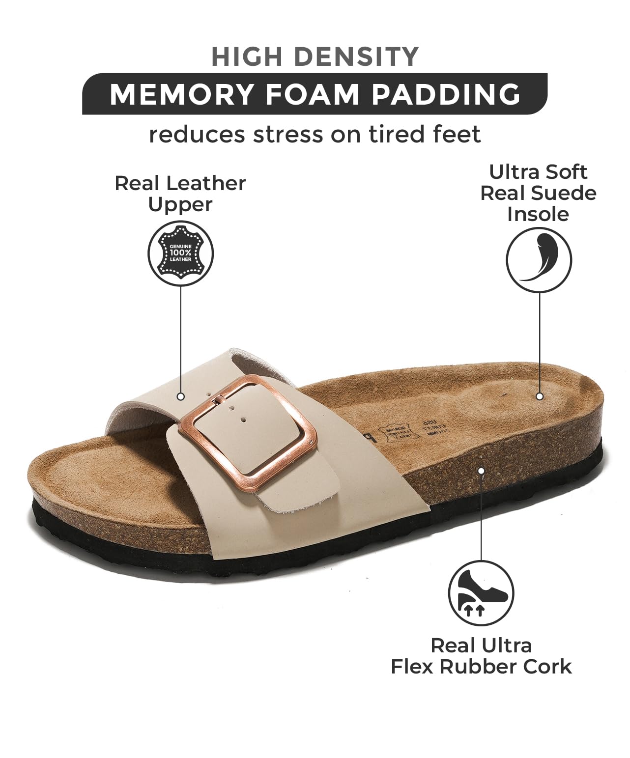 Project Cloud Ibiza sandal: memory foam, leather upper, suede insole, flex rubber cork for comfort and support.
