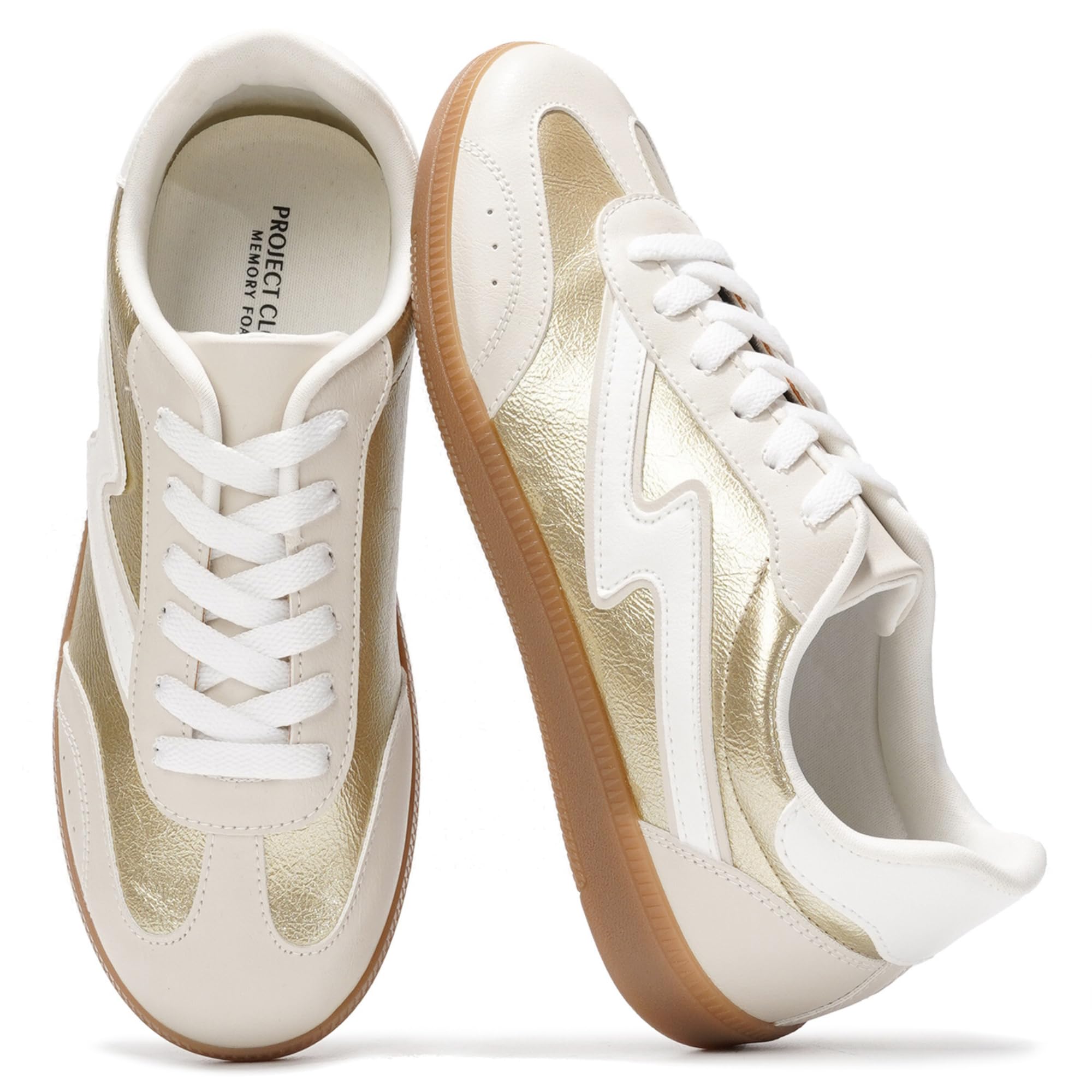 Project Cloud Irita women's sneakers in cream with metallic gold accents, lace-up design, and memory foam