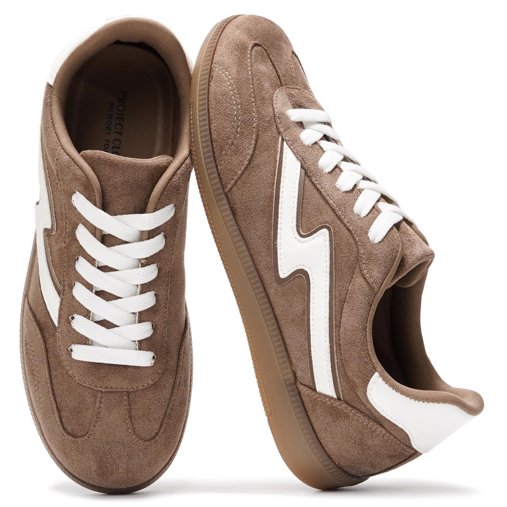 Project Cloud Irita women's sneakers in brown suede, white accents, memory foam, lace-up closure, and non-slip sole.