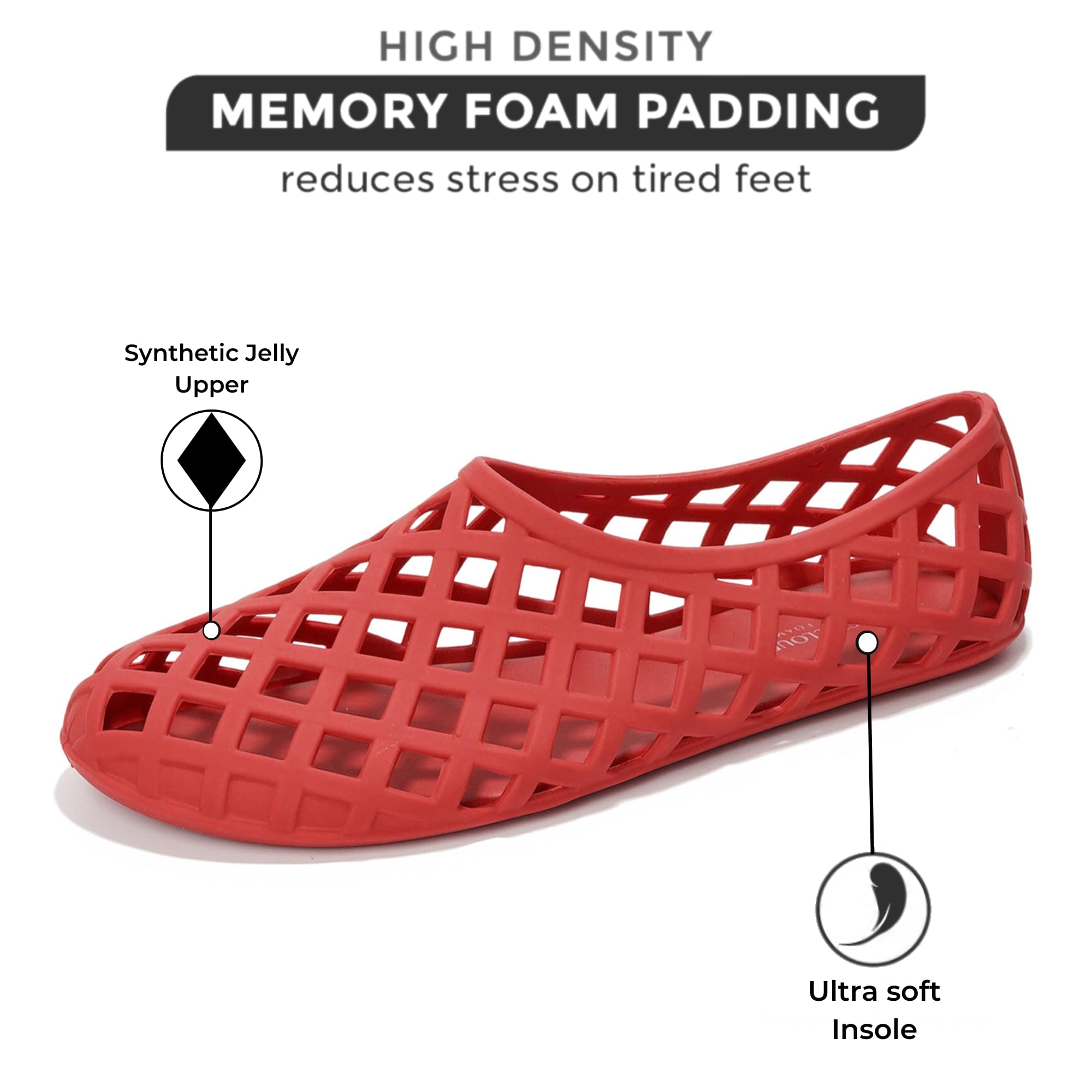 Red Project Cloud Jellz ballet flats with synthetic jelly upper, memory foam, soft insole.
