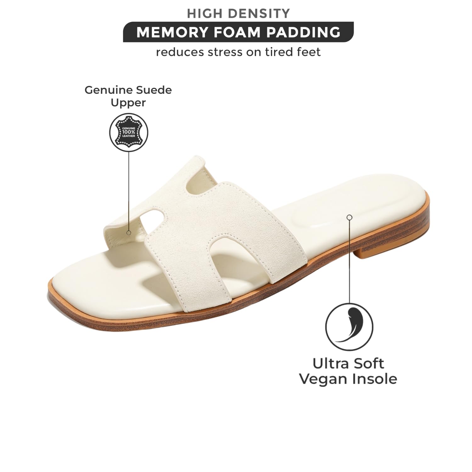 Project Cloud Jannel white leather H-cutout sandals, memory foam, suede upper, vegan insole, women's summer slides.