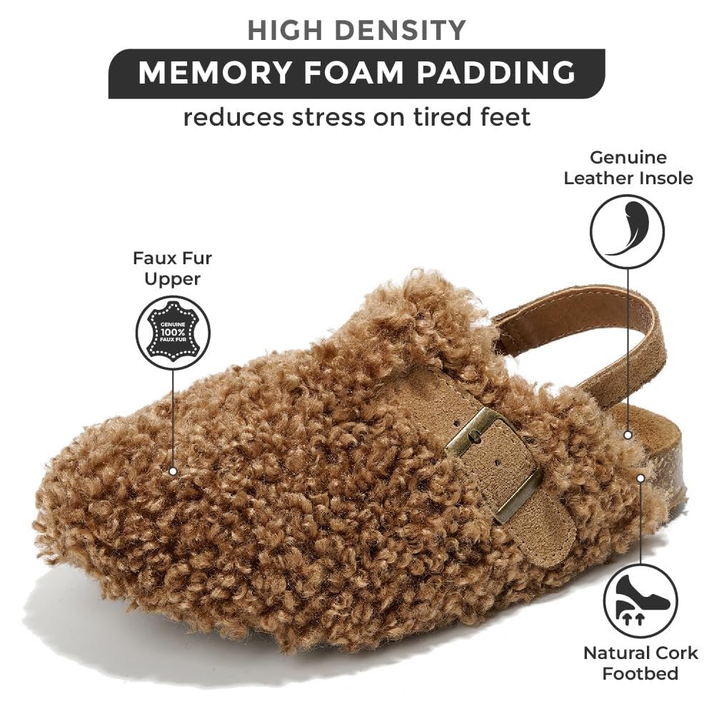 Project Cloud Jeanna Kids Clogs: Brown faux fur clogs with memory foam and cork sole, buckle closure, and back strap.