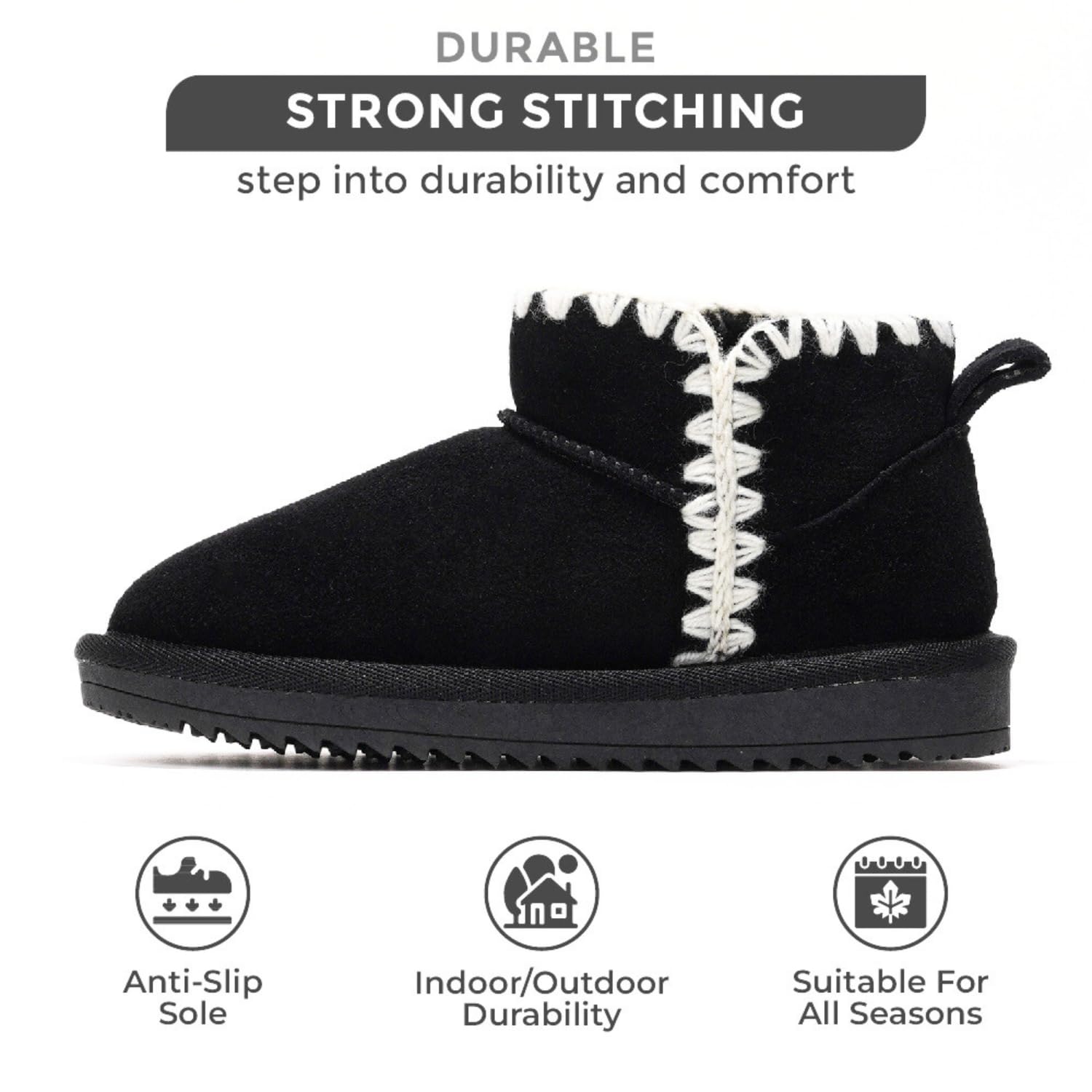 Project Cloud Karol Kids' black suede boots with white stitching, non-slip sole, and all-season durability.