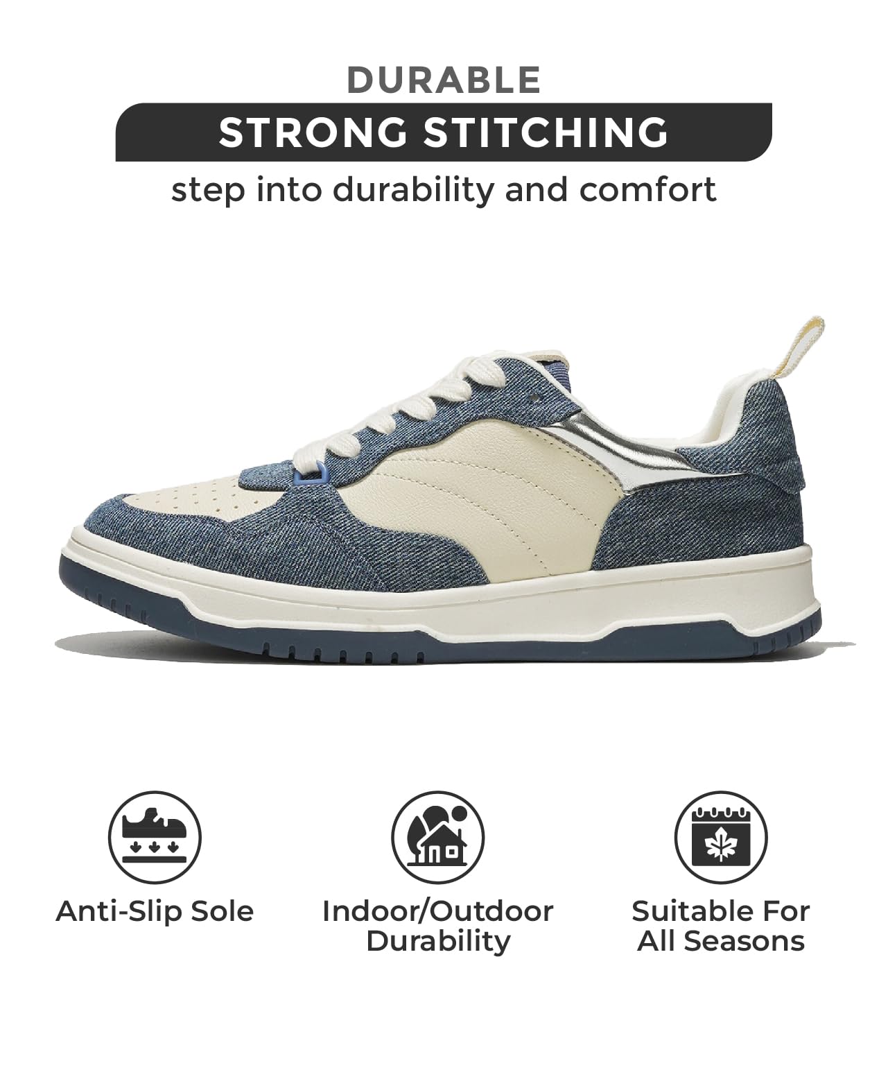 Kiki denim and cream women's sneaker with strong stitching, non-slip sole, suitable for all seasons.
