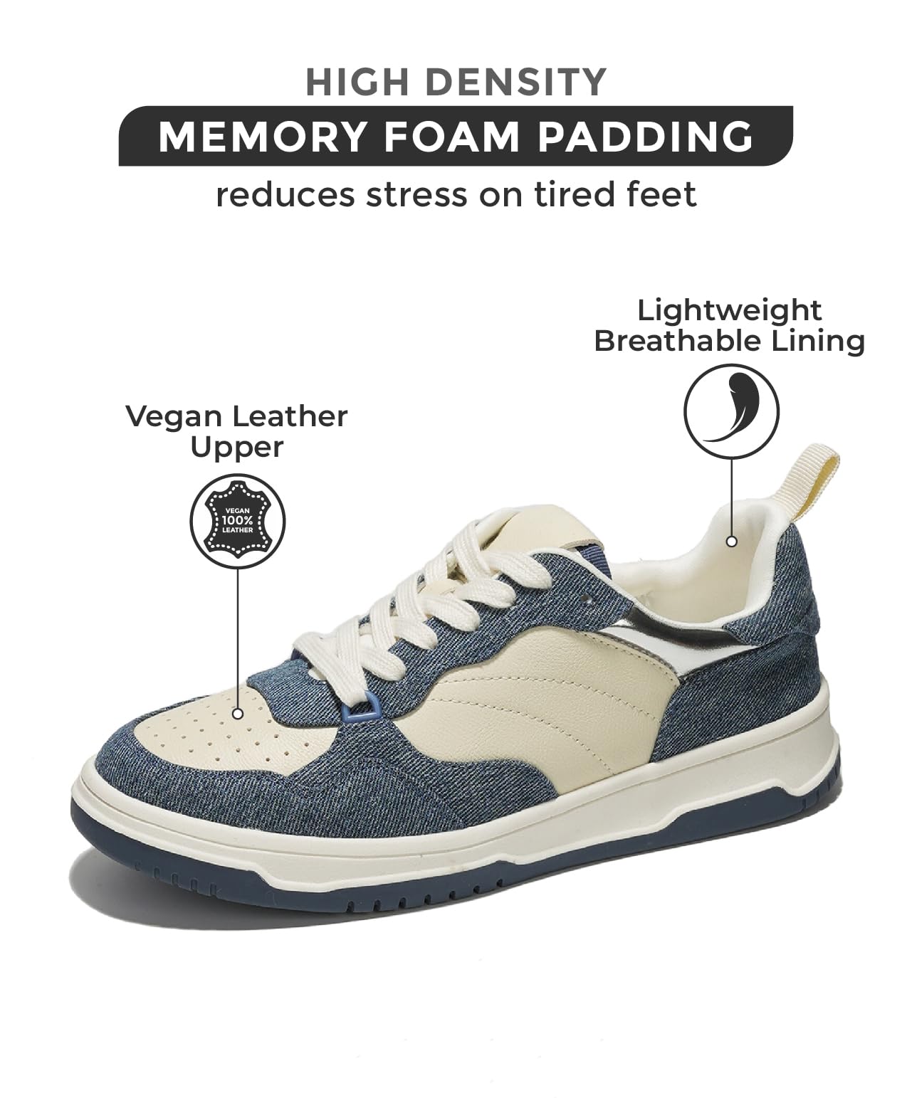 Women's Kiki vegan leather sneakers with memory foam padding, featuring a denim and cream design for comfort and style.