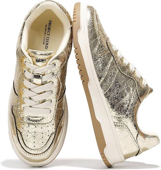 Project Cloud Women's Kiki sneakers, metallic gold vegan leather, lace-up design, memory foam, comfortable and stylish.