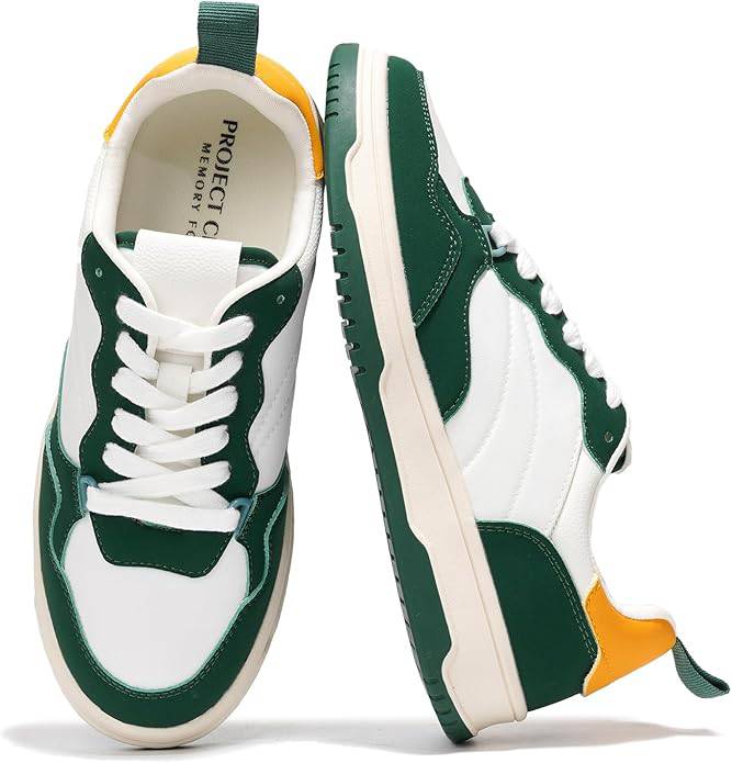 Project Cloud Kiki women's sneakers in white, green and yellow vegan leather, featuring memory foam and lace-up design