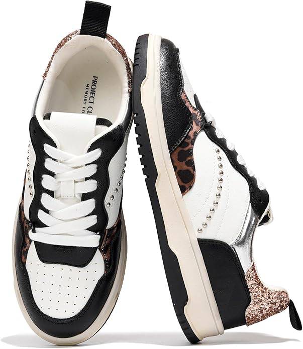 Project Cloud Kiki women's sneakers with a white, black, and leopard print design, memory foam, lace-up, vegan leather