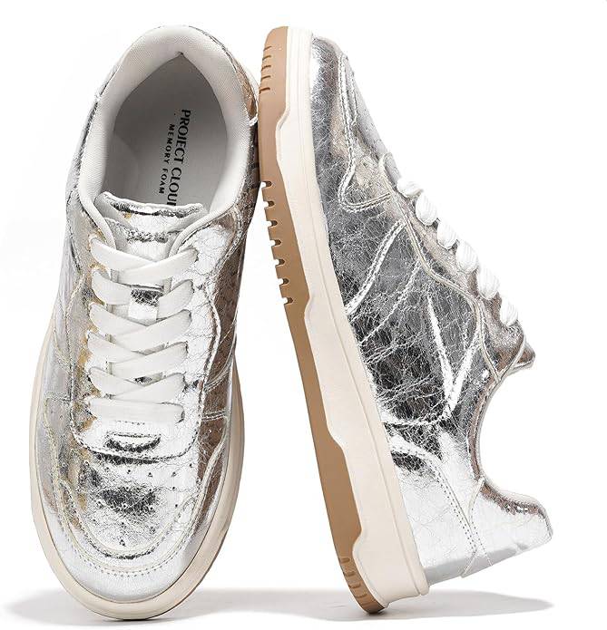 Women's Kiki sneakers by Project Cloud in metallic silver vegan leather, lace-up with memory foam, comfortable footwear.