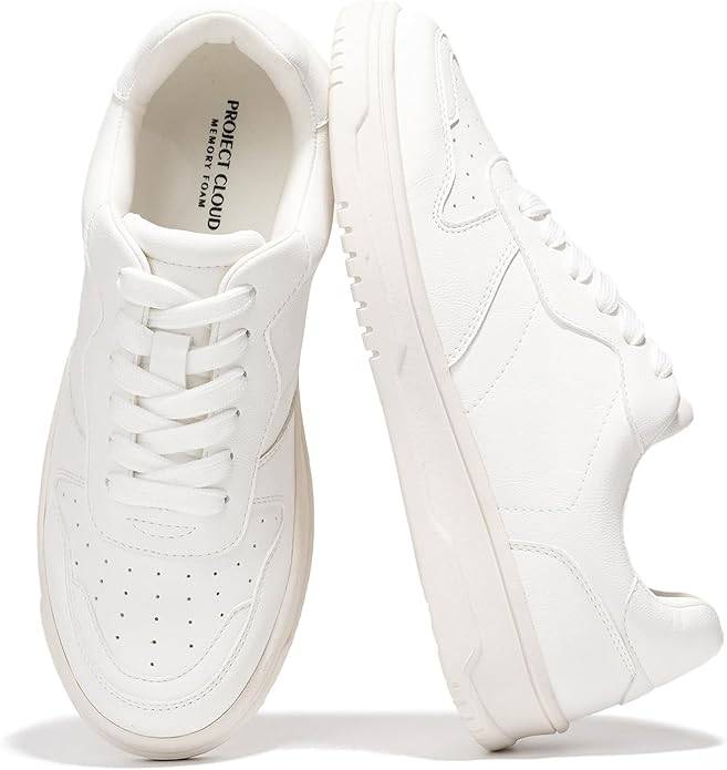 White vegan leather Kiki sneakers for women, memory foam, lace-up comfort shoes by Project Cloud.