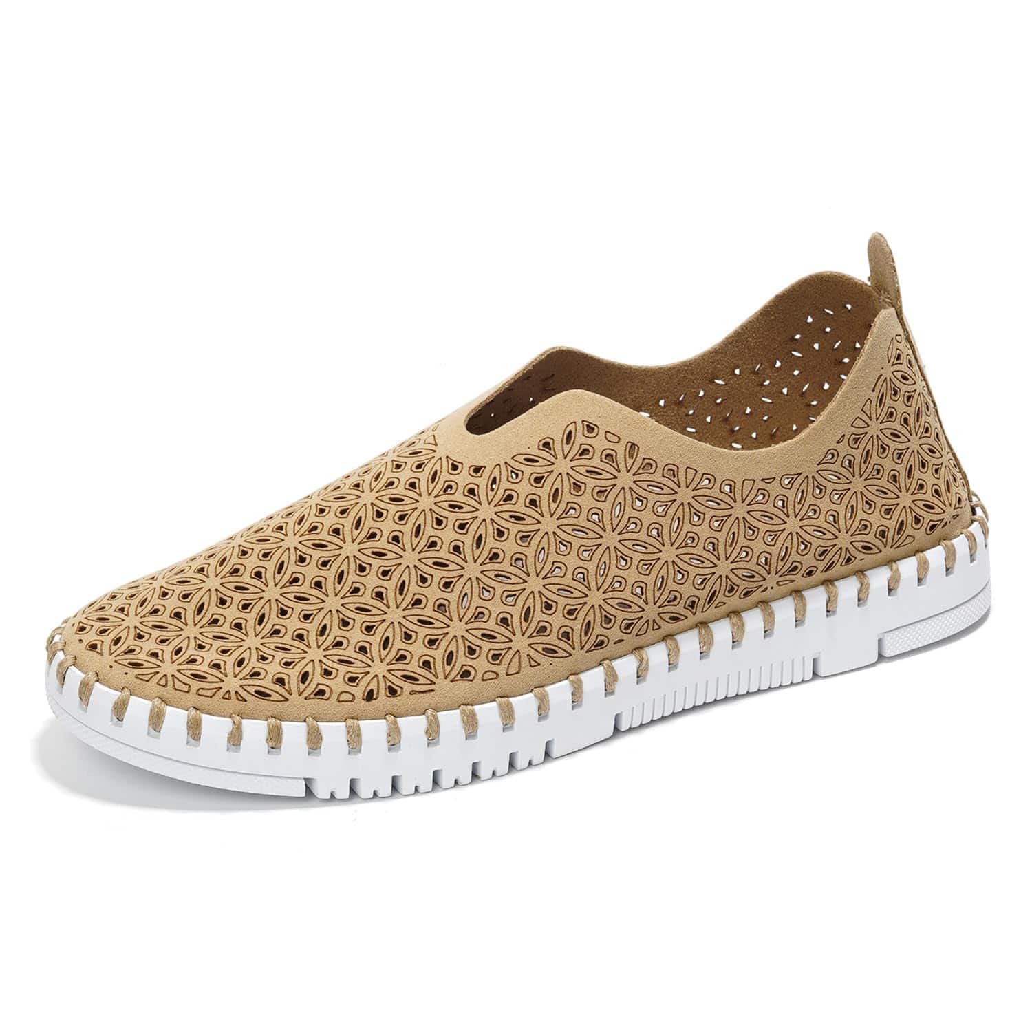 Rose beige perforated slip-on sneakers for women. Floral design, white sole, Project Cloud comfortable fit.