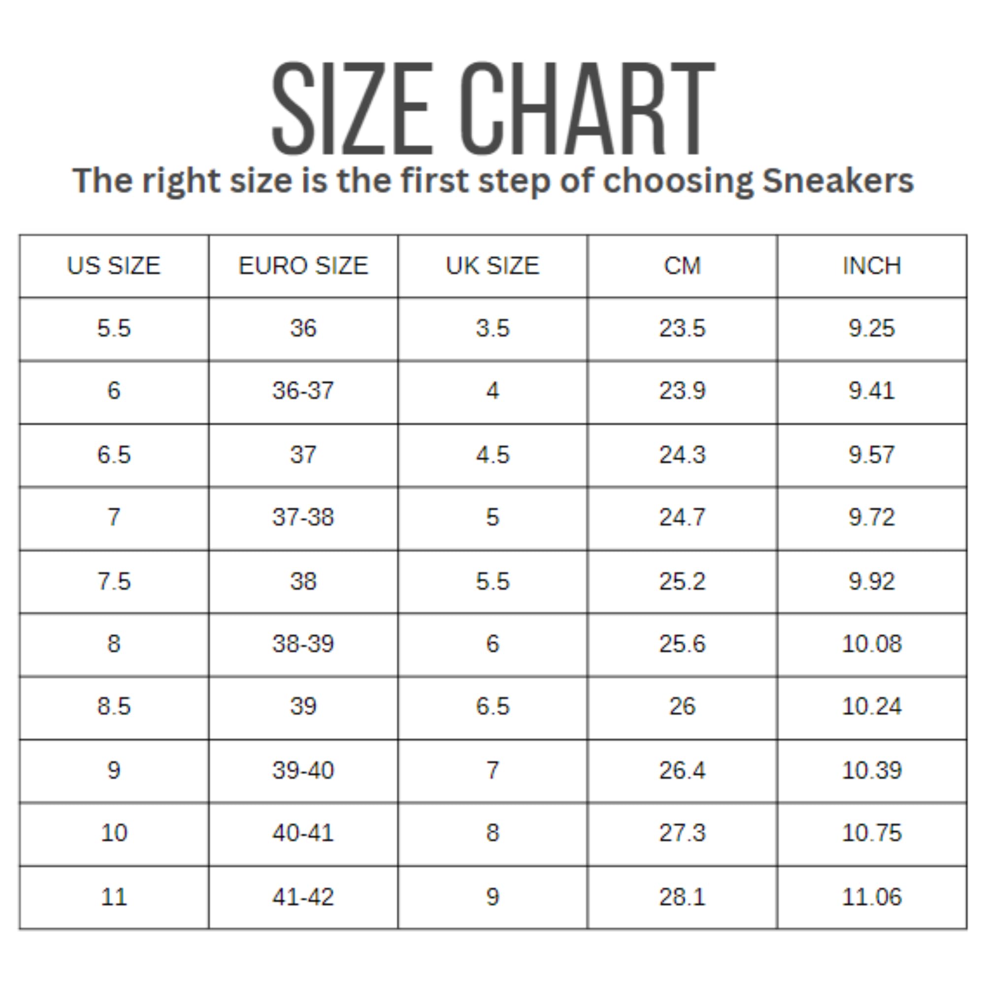 Project Cloud Lecco sneaker size chart: US, Euro, UK, CM, and inch sizes for women's sneakers, ensuring the perfect fit.