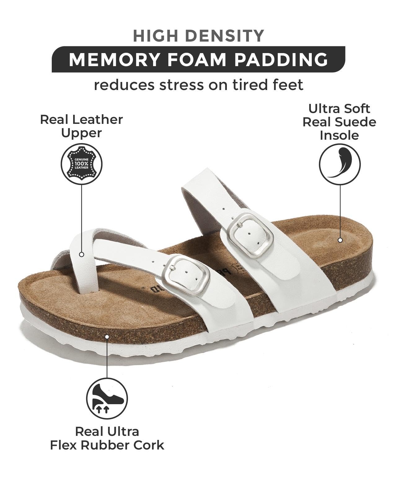 Project Cloud Lian White Leather Sandals with Cork Footbed, featuring memory foam for comfort.