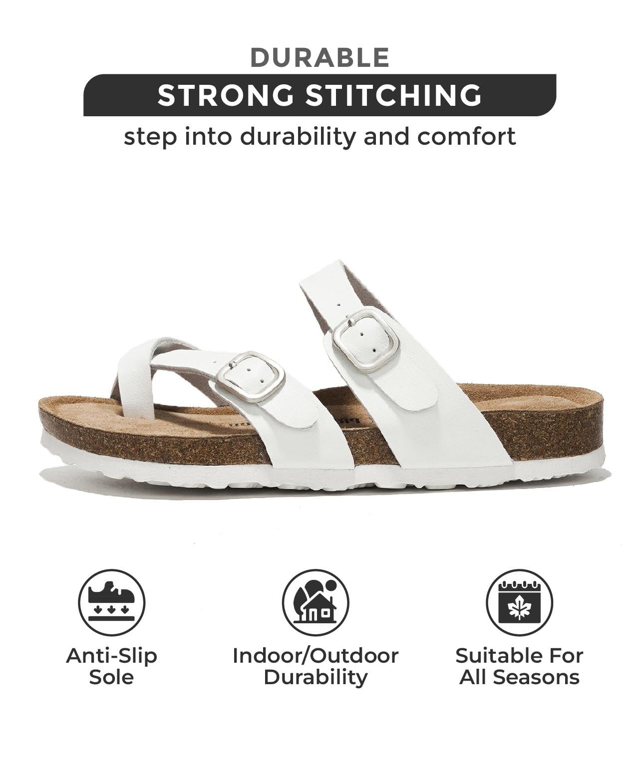 White leather sandals with cork footbed, strong stitching, anti-slip sole, and all-season durability - Lian