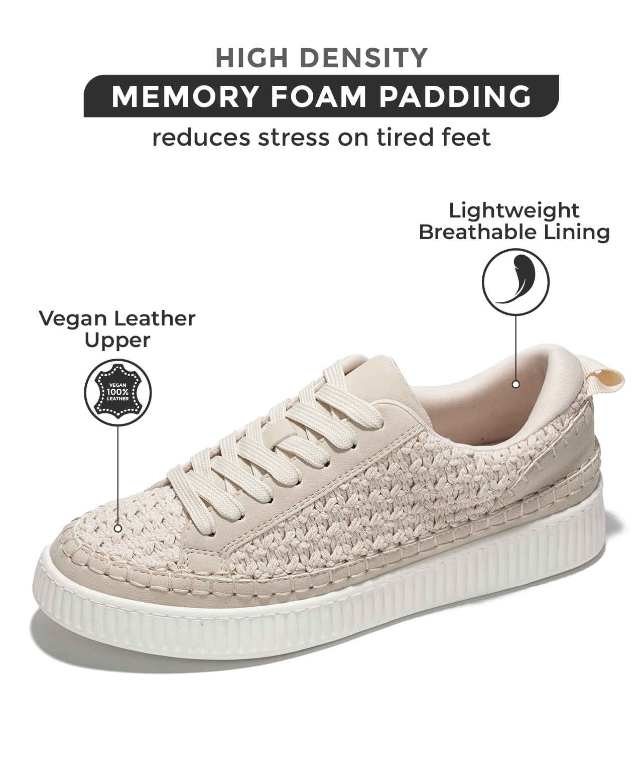 Lona beige vegan leather sneakers, memory foam padding, non-slip sole for women.