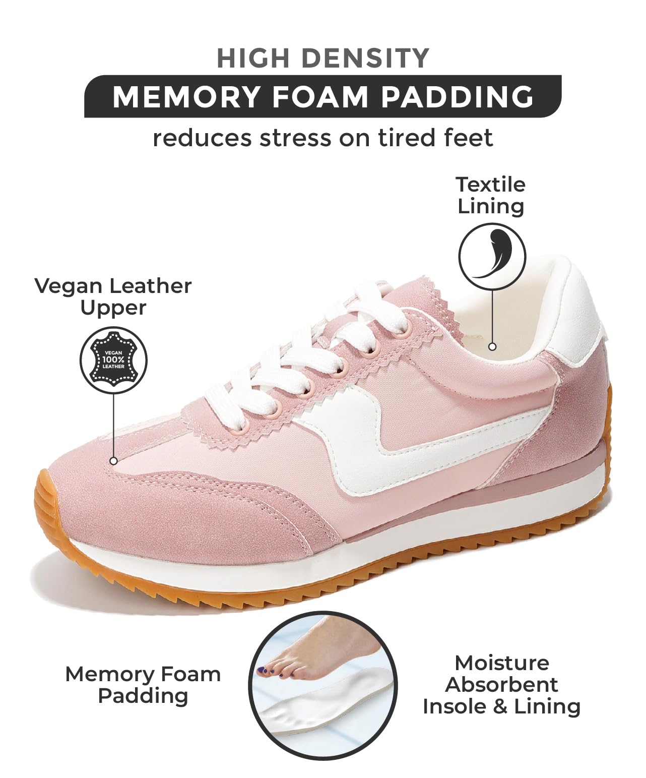 Project Cloud Madison blush pink sneakers, vegan leather, memory foam, moisture-absorbent insole and textile lining.
