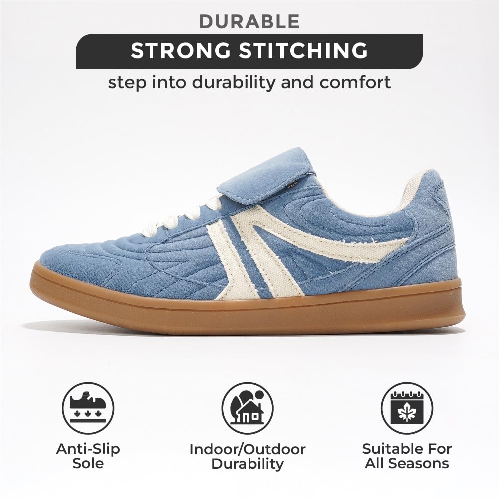 Blue vegan leather Madrid sneaker with strong stitching, memory foam and non-slip sole. Durable and comfortable for women.