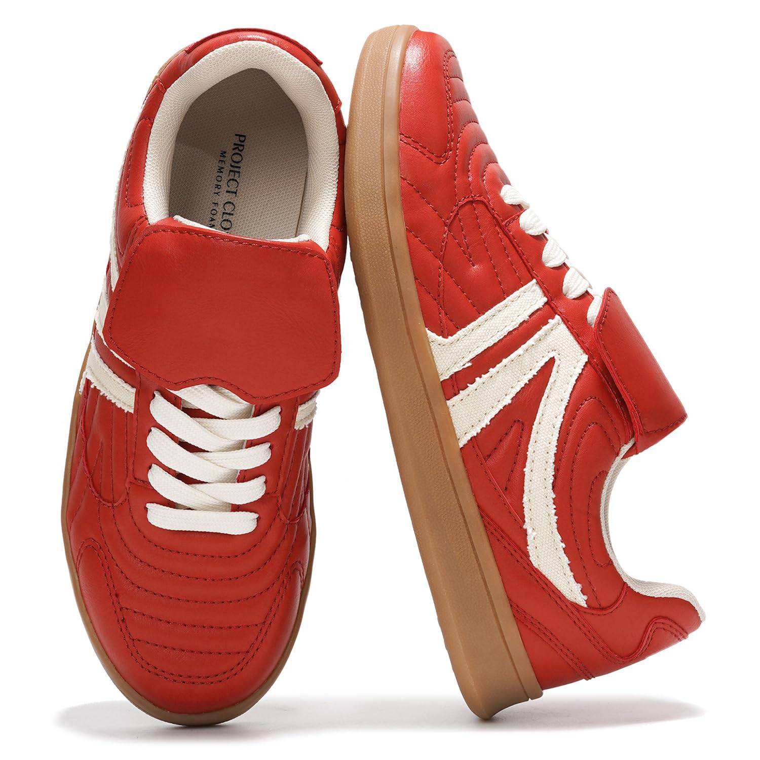 Madrid red vegan leather sneakers with Project Cloud logo, white laces, non-slip sole for women, memory foam insole