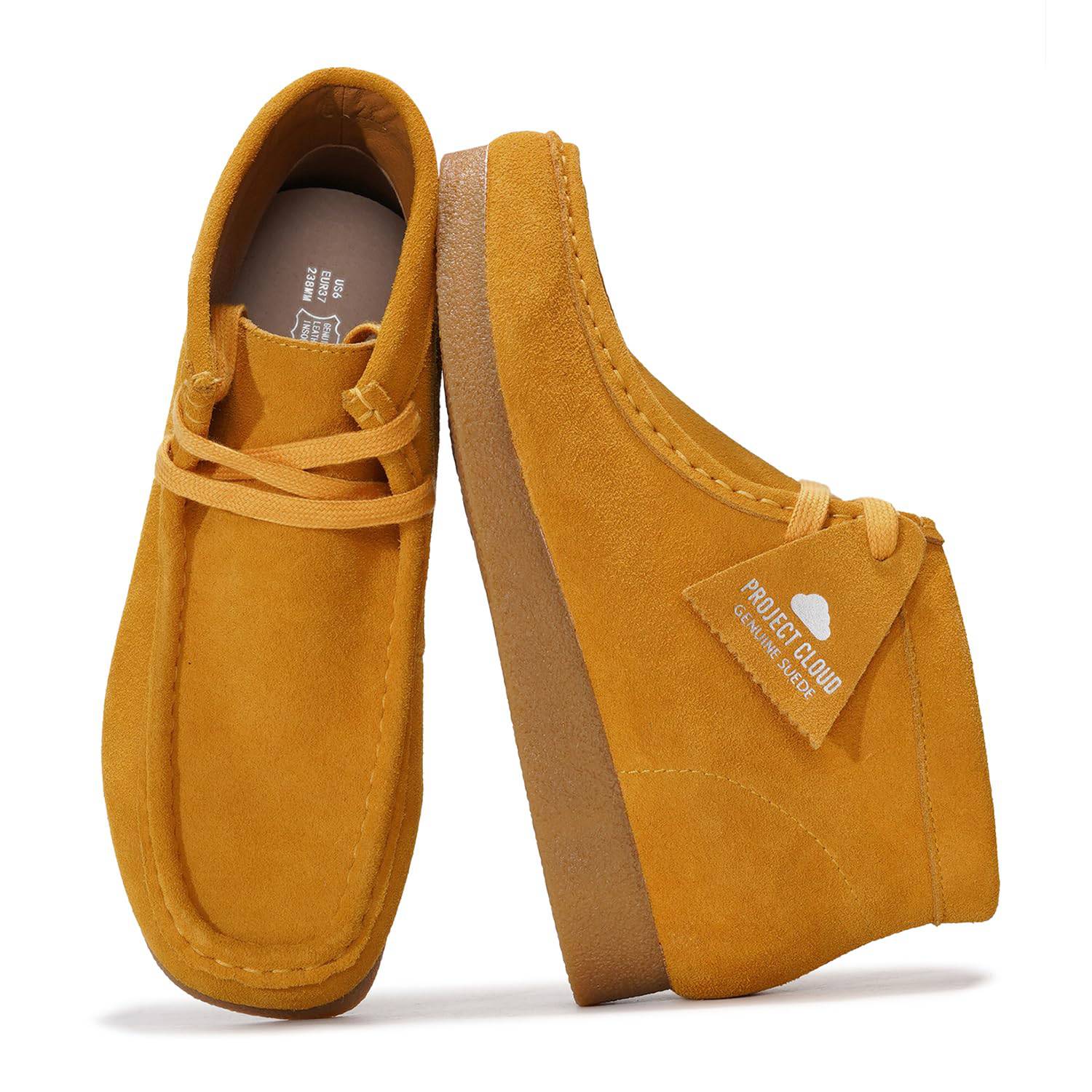 Project Cloud mustard suede Wally Boot. Women's ankle boot with memory foam, and non-slip sole.