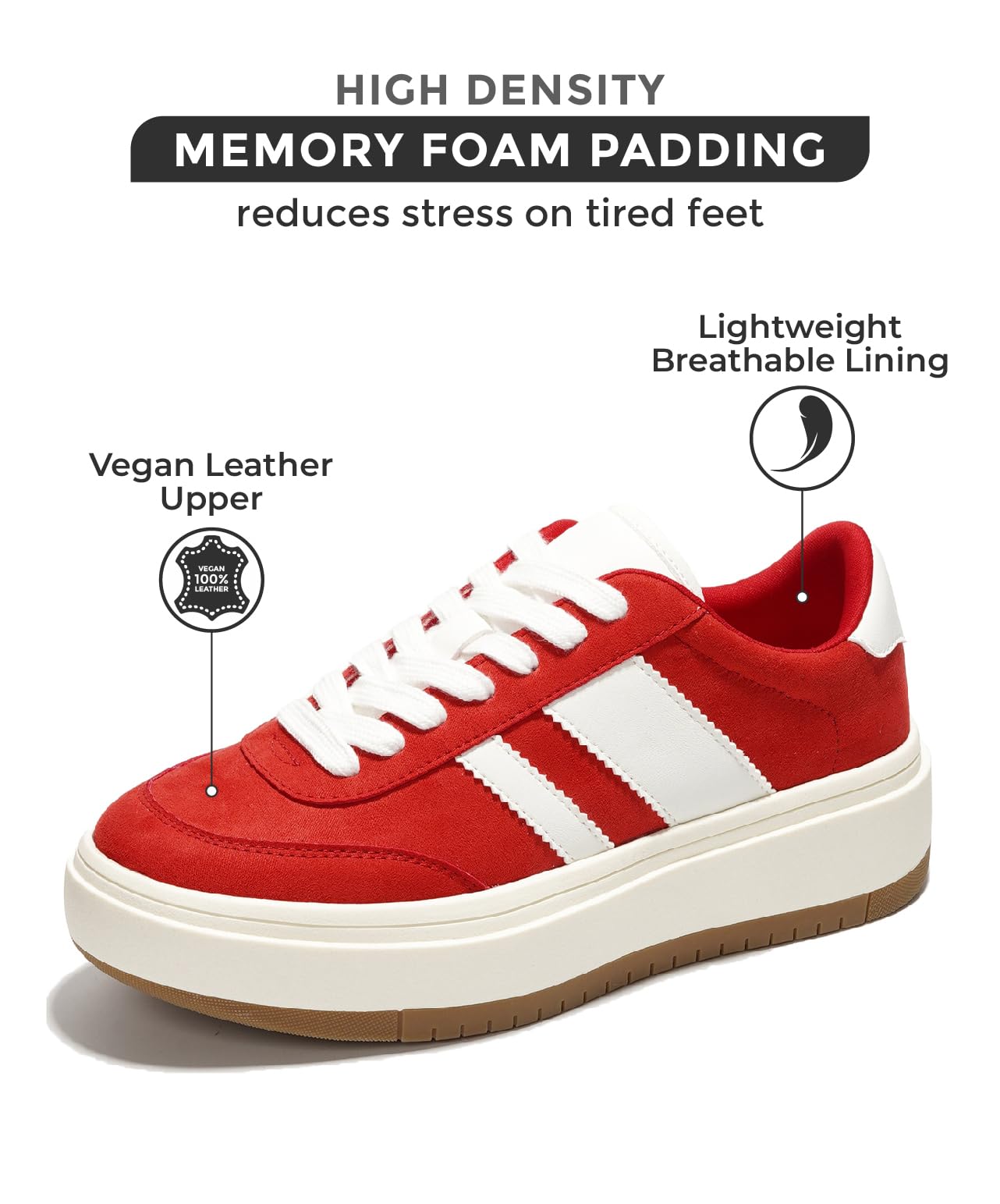 Red Nita Women's Sneakers with White Stripes and Platform Sole, Featuring Memory Foam and Vegan Leather Upper
