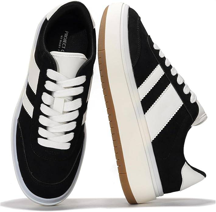 Women's Nita black platform sneakers, white stripes, Project Cloud memory foam, lace-up.