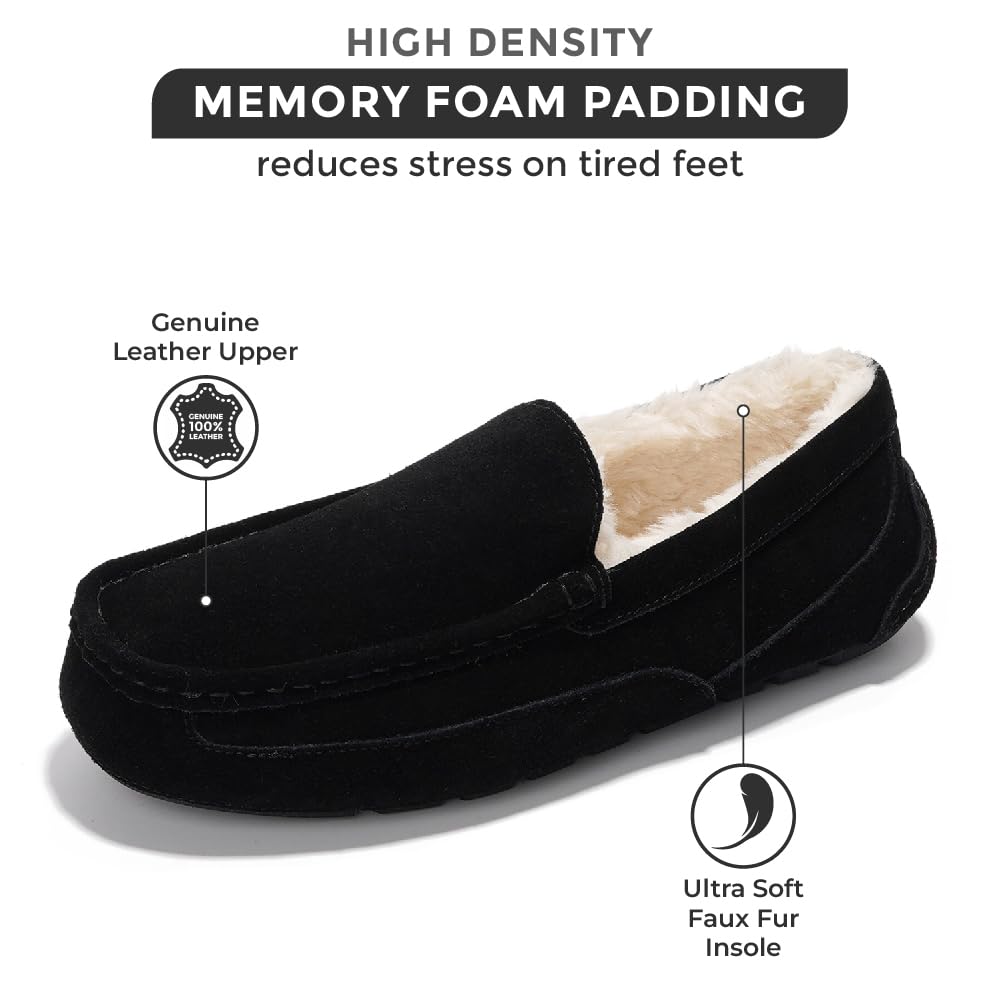 Project Cloud black suede men's slippers with memory foam, sheep fur lining, and a non-slip sole.