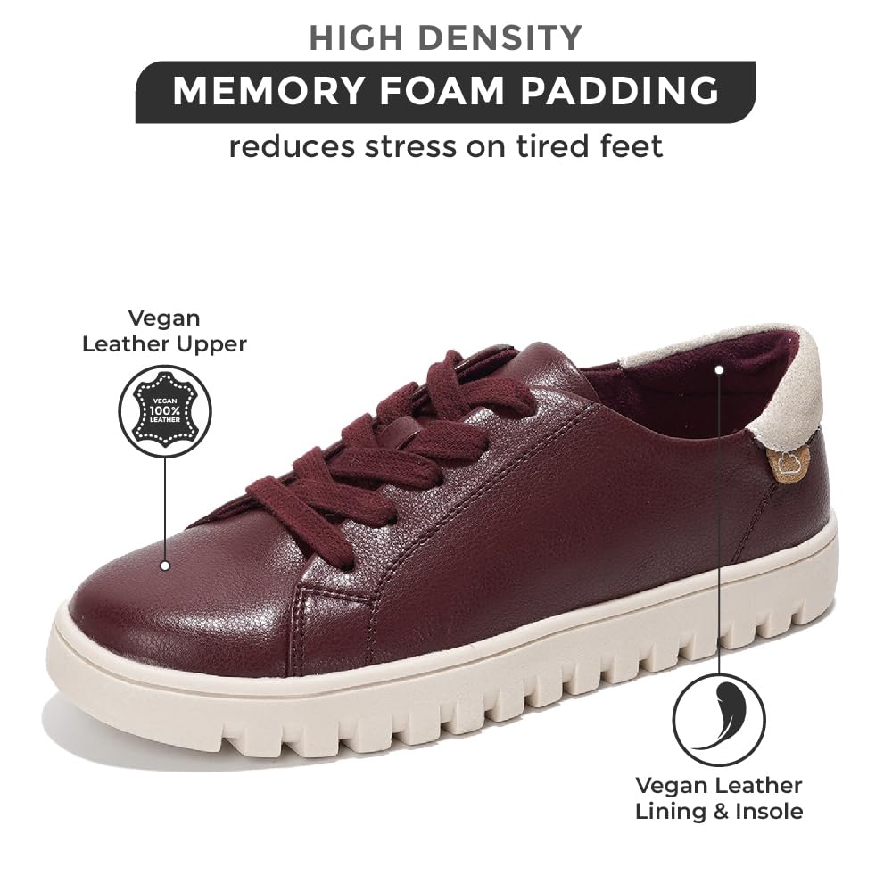 Project Cloud women's burgundy vegan leather sneakers with memory foam padding, non-slip sole.