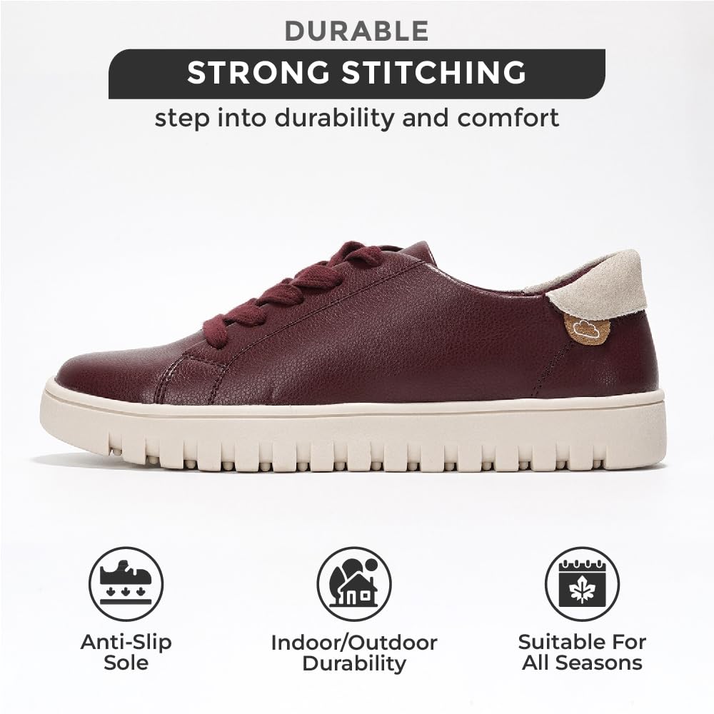 Project Cloud burgundy tennis shoes, strong stitching, non-slip sole, indoor/outdoor durability, suitable for all seasons.