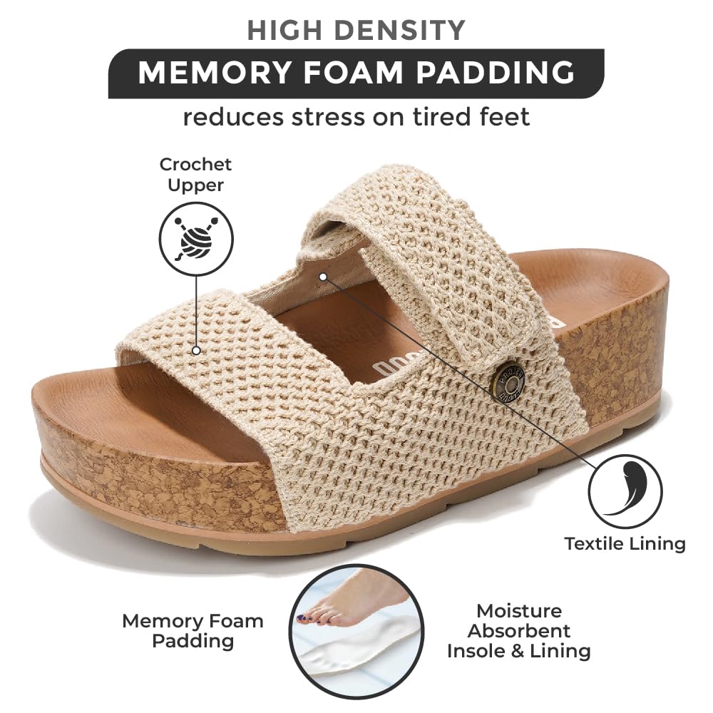 Project Cloud Prime beige sandals with crochet upper, memory foam, moisture-absorbent insole, and cork platform