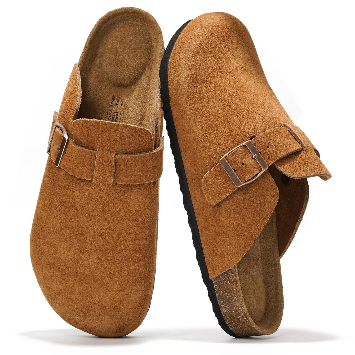 Chestnut suede clogs for men with buckle detail and cork footbed, perfect for comfort and style, featuring memory foam.