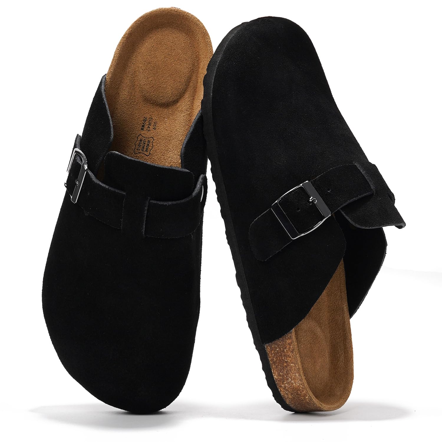 Black leather Brooklyn clogs for men with buckle detail and cork footbed, genuine leather insole.