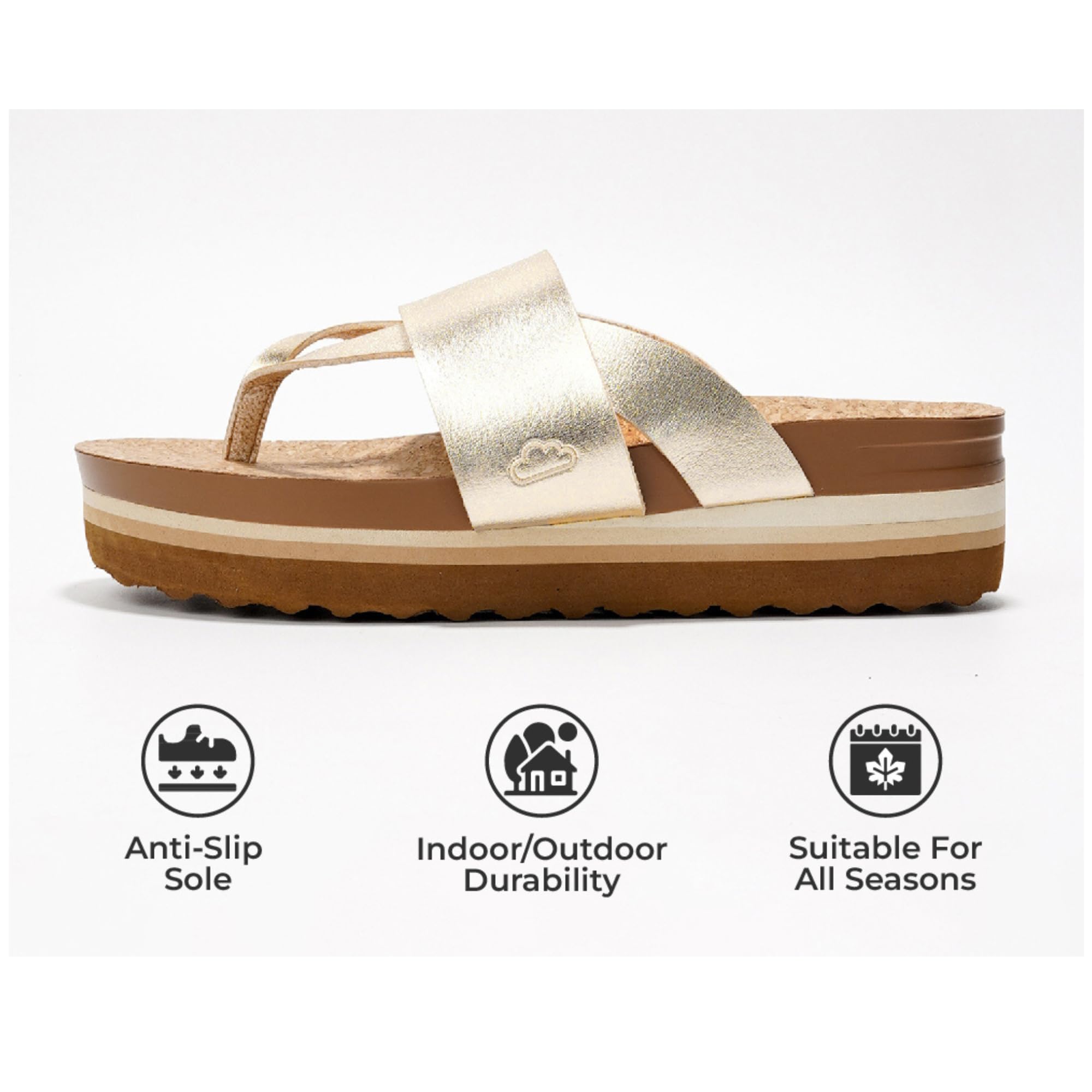 Gold vegan leather wedge sandals with anti-slip sole, indoor/outdoor, all seasons.