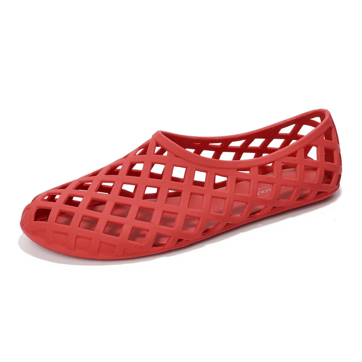 Project Cloud Jellz ballet flats in red, waterproof, openwork design for women, perfect for beach or rainy days.